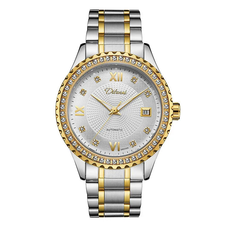 Fashionmonger gold and silver automatic mechanical watch with luminous hands on a black or white dial.