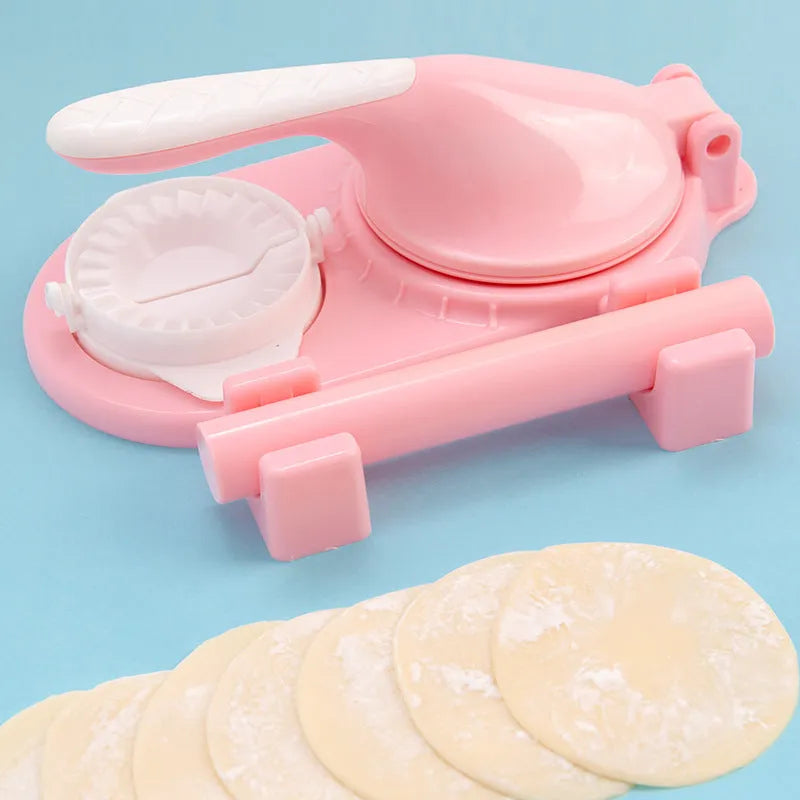 3 In 1 plastic dumpling maker with rolling pin and moulds, green colour, on kitchen countertop
