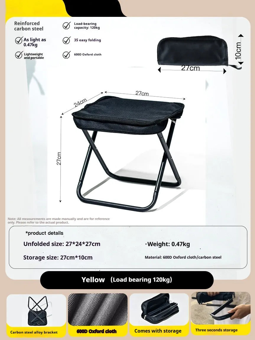 Lightweight foldable camping stool in Oxford cloth shown in a khaki colour, folded to a slim profile.