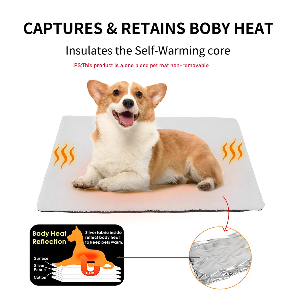 Grey self-heating plush pet pad for cats and dogs on a wooden floor.