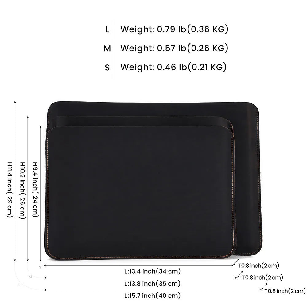 Brown crazy horse leather computer liner bag with cowhide lining in medium and large sizes