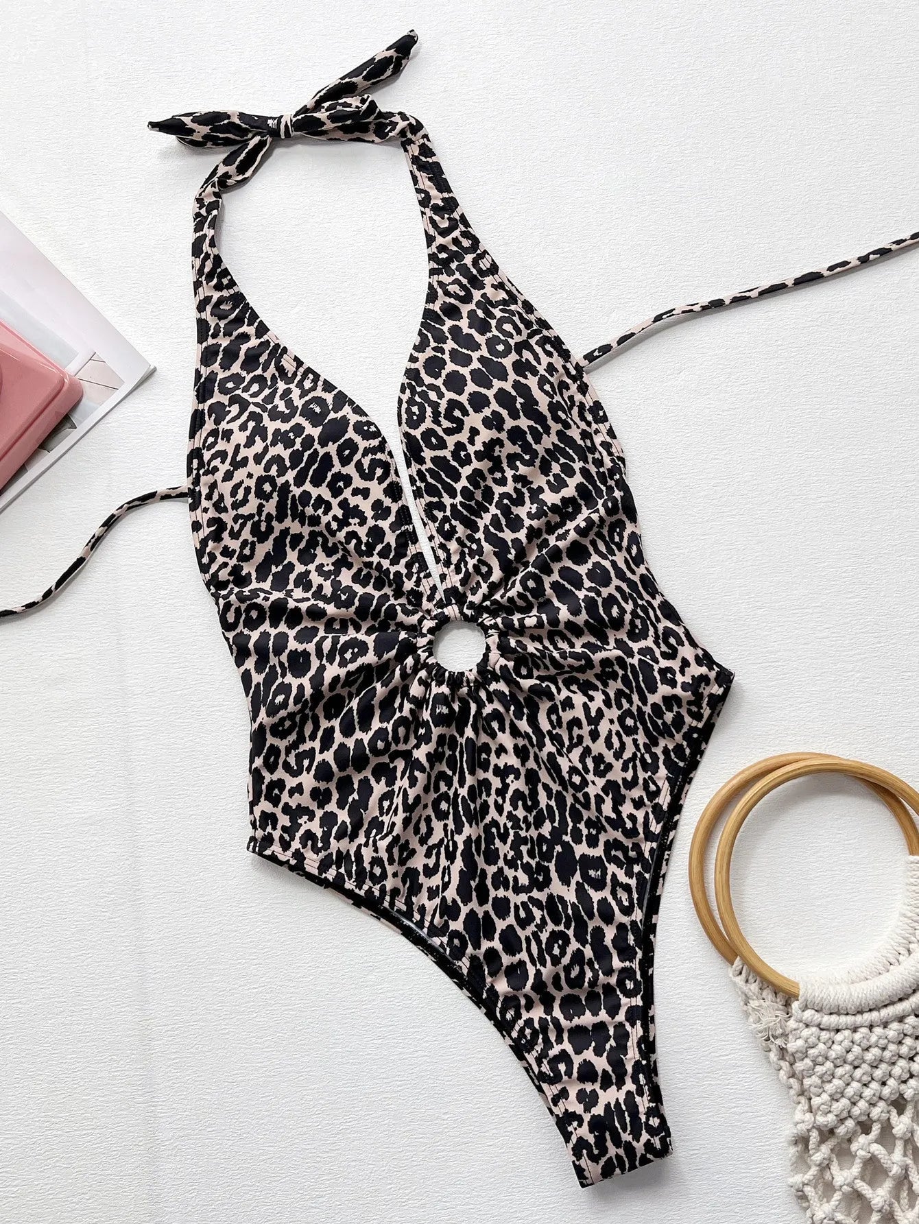 Leopard print one-piece swimsuit with hollow-out ring design for women in sizes S M L