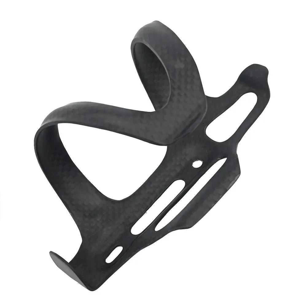 Black carbon fibre side pull water bottle cage for bicycles with 65mm mounting hole spacing