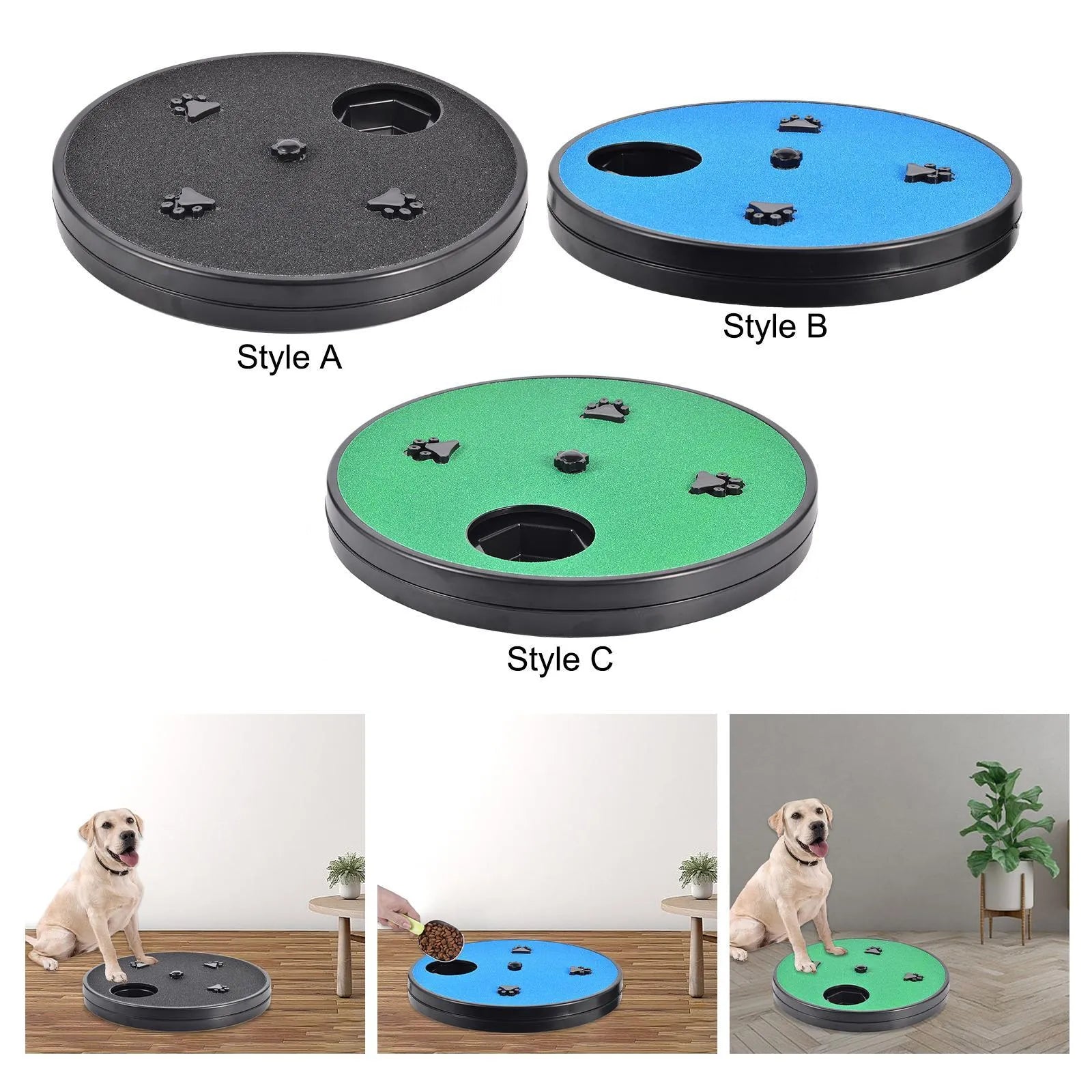 Square blue dog nail file scratching board with rotatable top and suction cup base on a wooden floor.