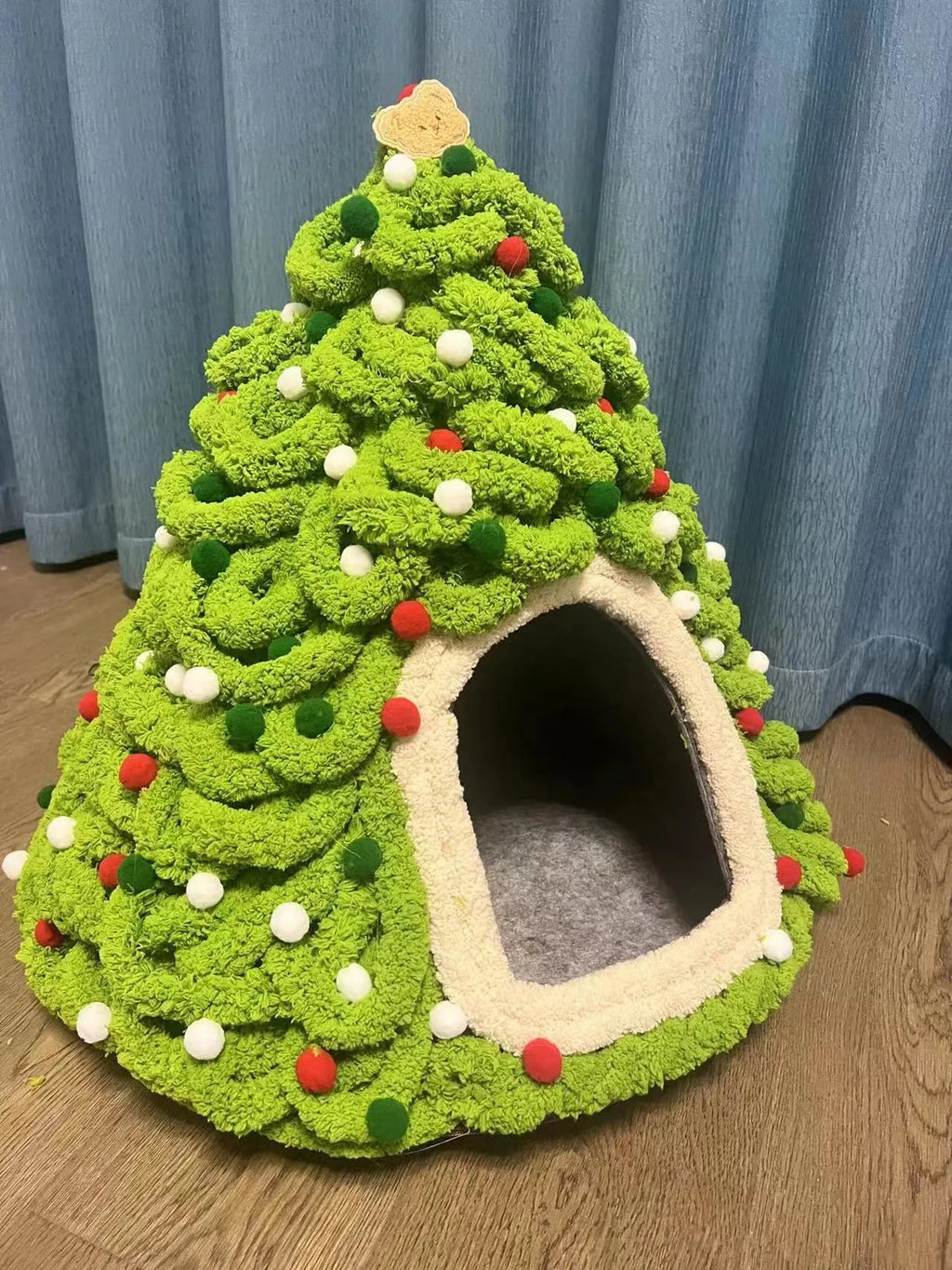 Grey handmade felt cone cat house with enclosed tent design measuring 50cm