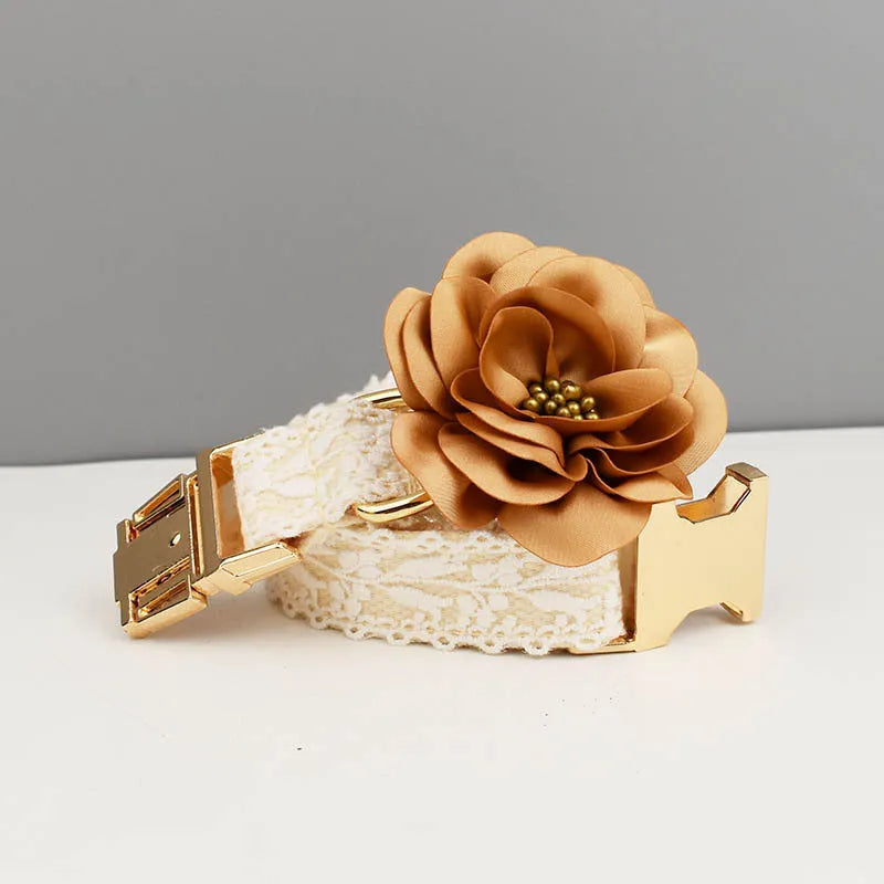 White pet wedding vest collar with lace leaf decoration and matching leash set with flower accessory