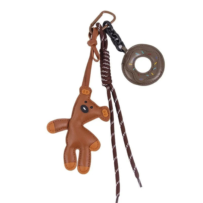 PU leather bear donut keychain in brown with semi-handmade finish and bag clip attachment