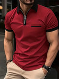 Man wearing a loose-fit casual short sleeve shirt with a chest pocket and contrast collar.