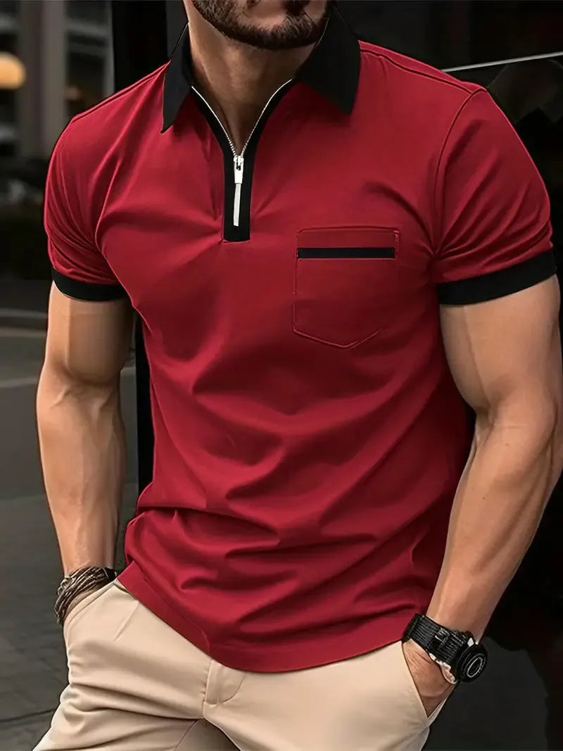 Man wearing a loose-fit casual short sleeve shirt with a chest pocket and contrast collar.