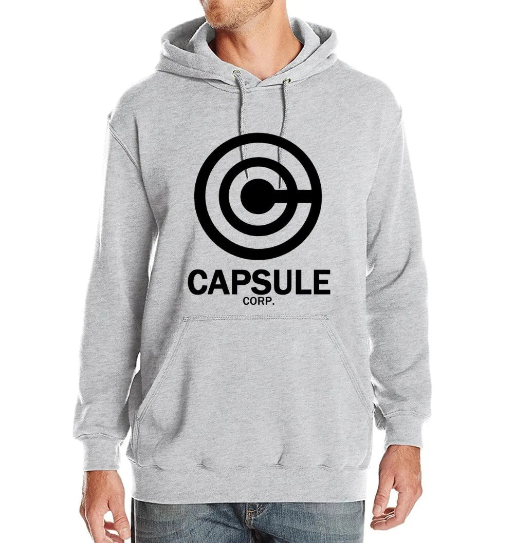 Capsule Corp men's hip hop hoodie with print pattern, turn-down collar, and hood in black white colourway
