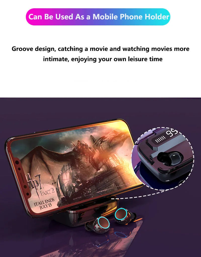 Black wireless Bluetooth headset with charging case showing digital power display and integrated mobile phone holder.