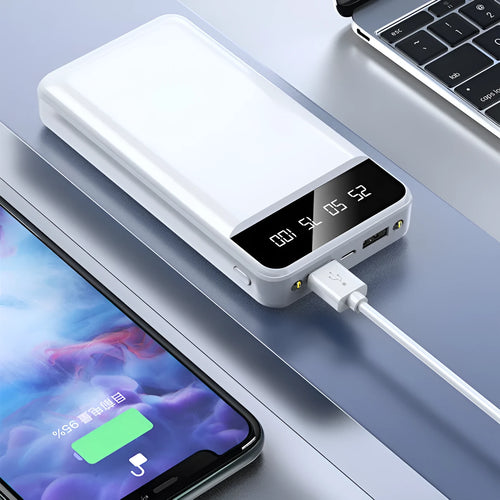 20000mAh polymer power bank in black, white, pink or blue with multiple USB ports