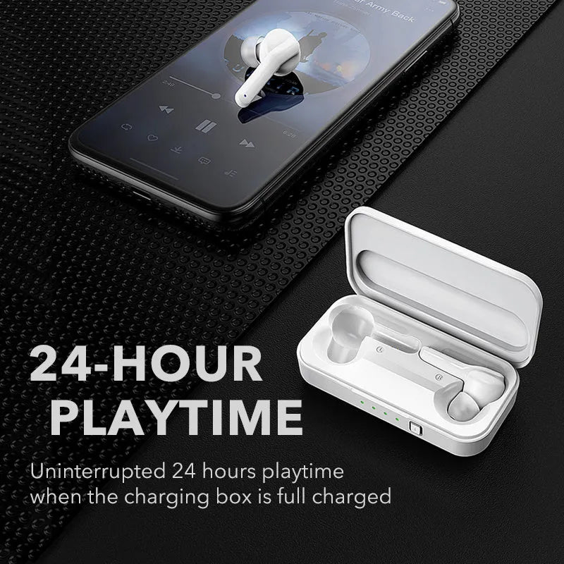 Black plastic TWS wireless earbuds with Bluetooth 5.0 and IPX5 waterproof rating.