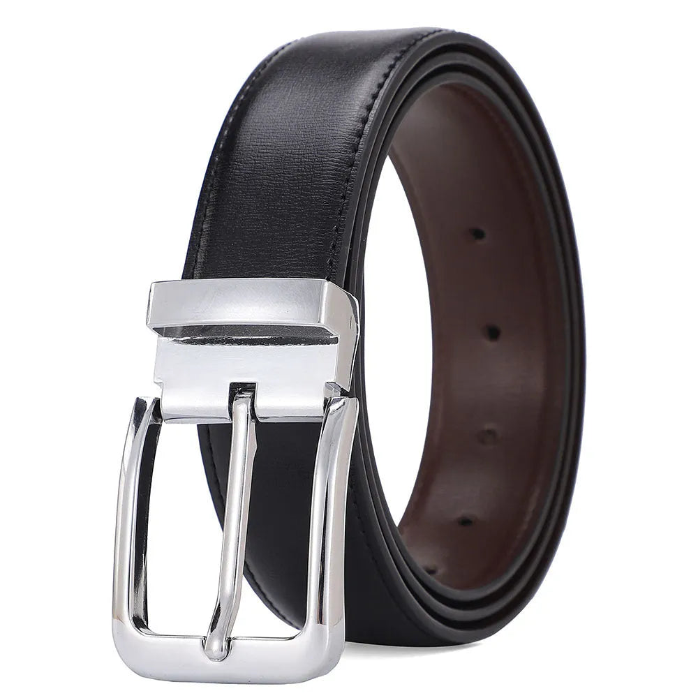 Men's brown genuine leather belt with alloy pin buckle showing embossed water flow pattern