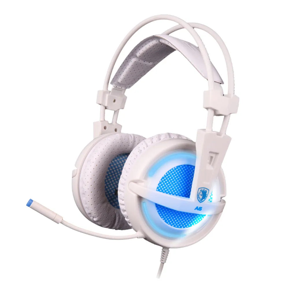 Black and white 7.1 USB gaming headset with LED lights on earcups and a padded headband
