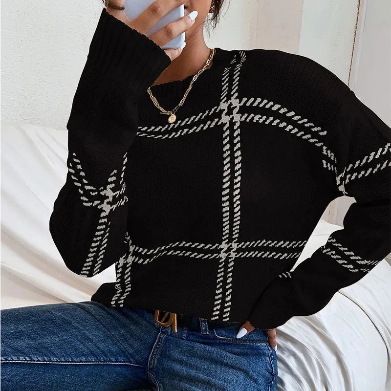 Women's casual plaid colour-block crew neck sweater in acrylic fabric with regular sleeves