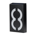 Solar powered illuminated house number light with white LEDs mounted on exterior wall