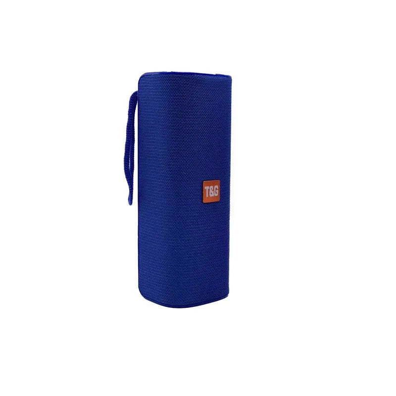 Cloth-covered portable Bluetooth speaker in multiple colours showing USB port and control buttons.