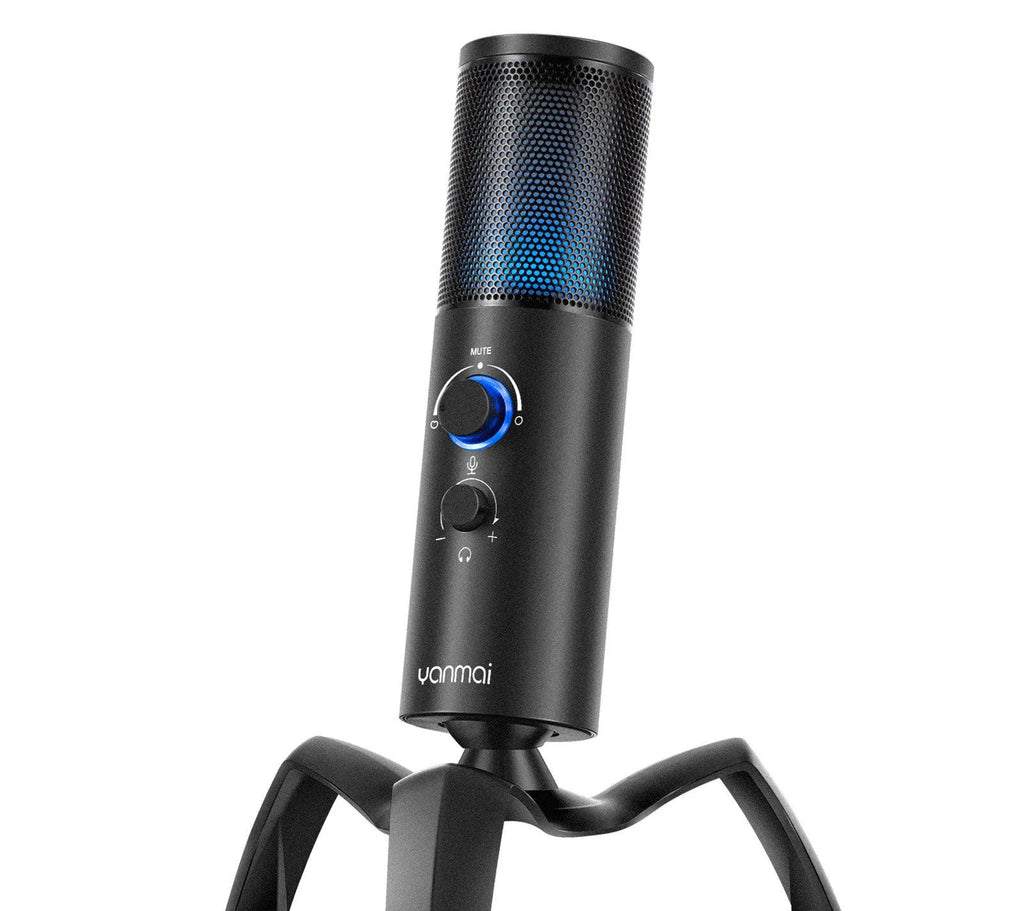 Black Q18 USB condenser microphone with tripod stand and RGB lighting effects on circular control knob