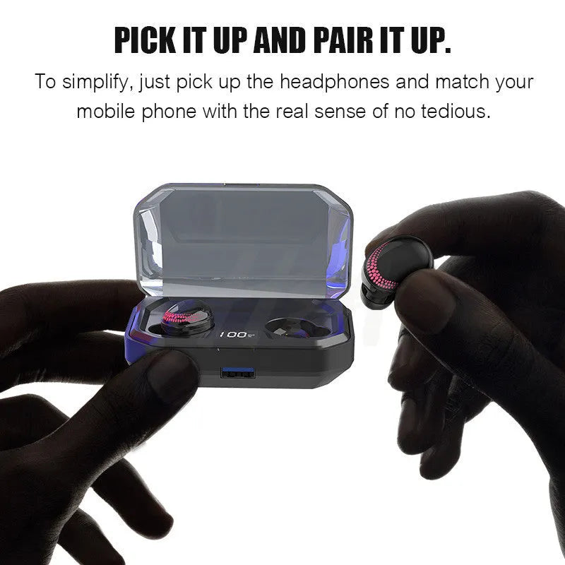 Black X10 Bluetooth wireless headset and charging case on a solid colour background.