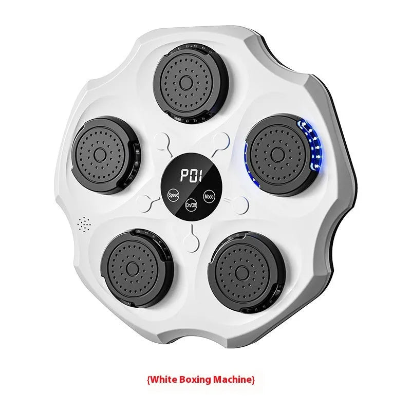 Black hanging Bluetooth boxing wall target with included gloves on a grey wall