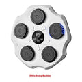 Black hanging Bluetooth boxing wall target with included gloves on a grey wall