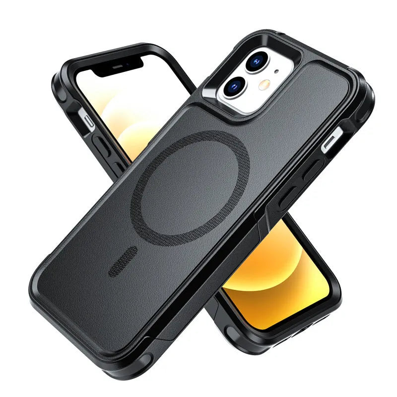 Black shatterproof magnetic phone case for iPhone 12 and 13 Pro models showing dimensions and material details