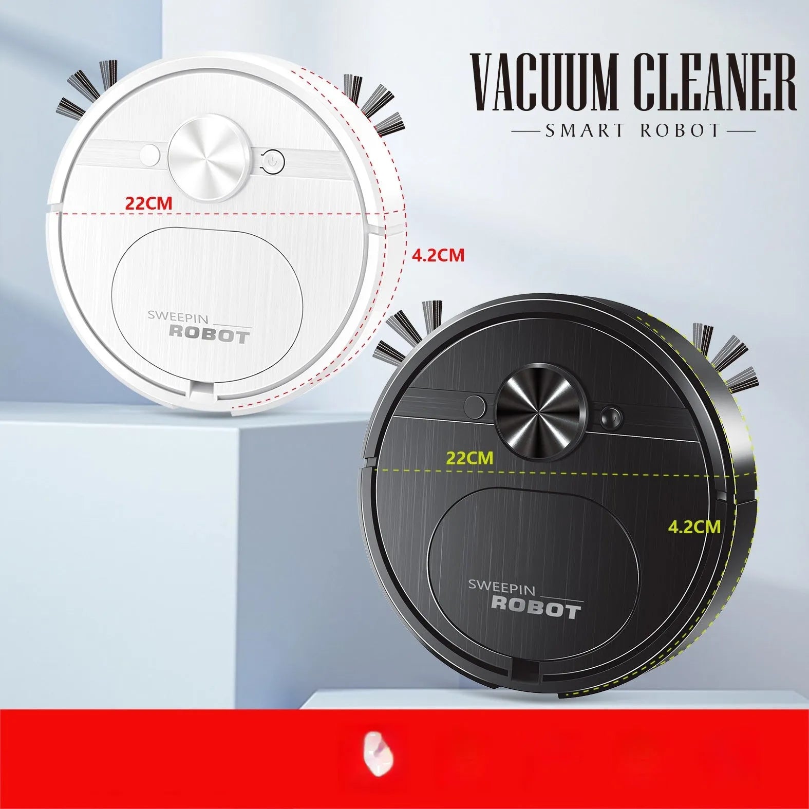USB charging robot vacuum cleaner with automatic 3-in-1 cleaning functions in black or white colour.