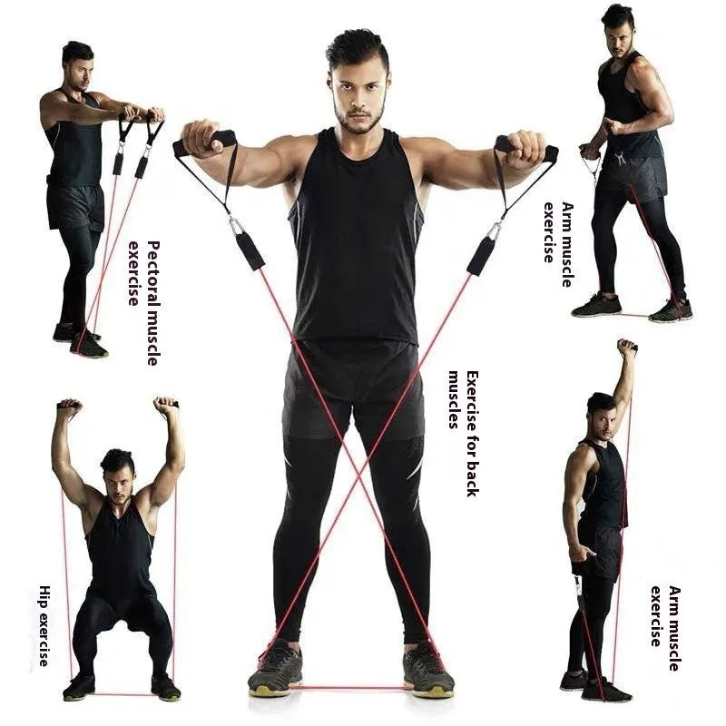 Multi-functional door sports 11-piece set with a combination pulling rope and hook options on a door.