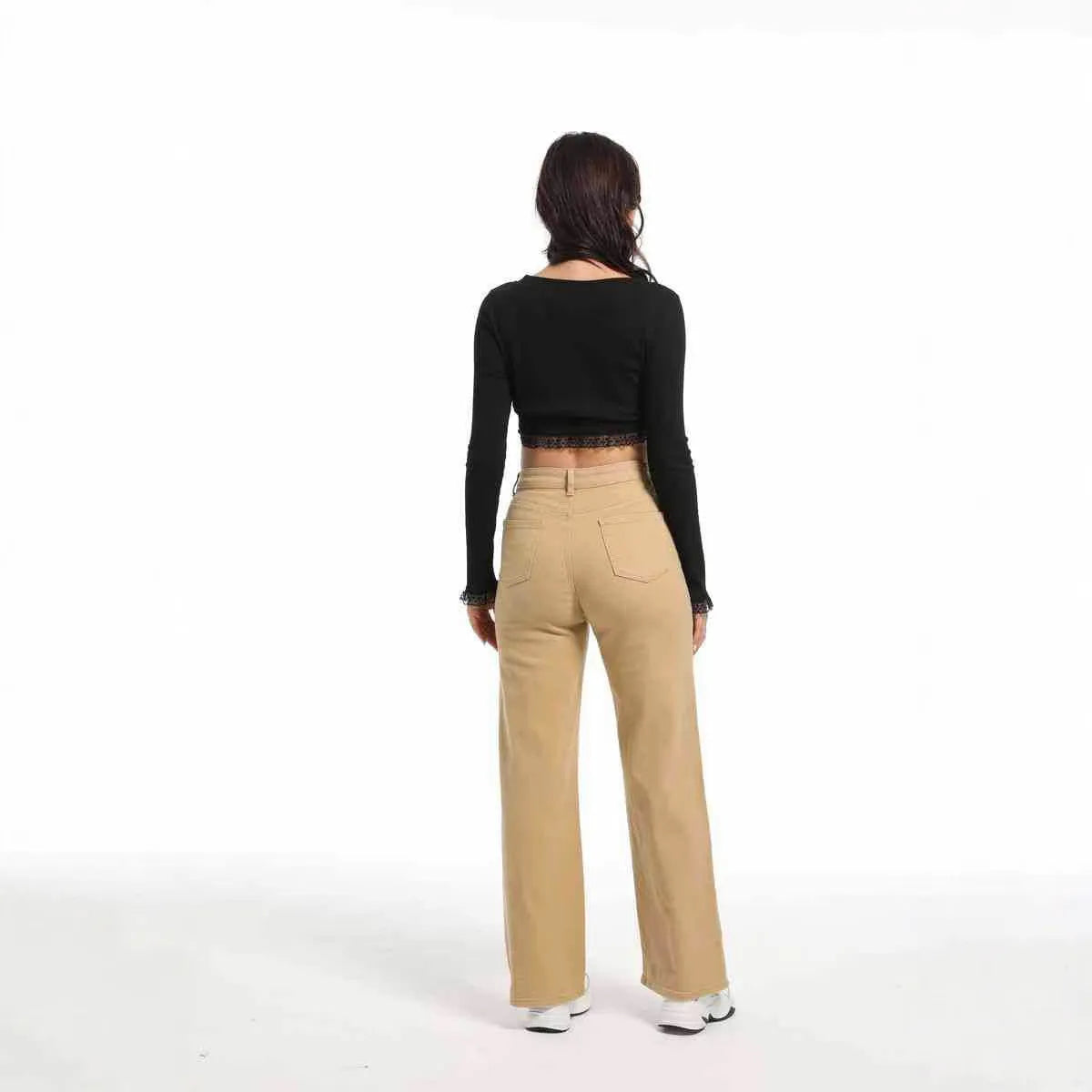 Women's apricot wide leg straight jeans with high waist on a hanger.