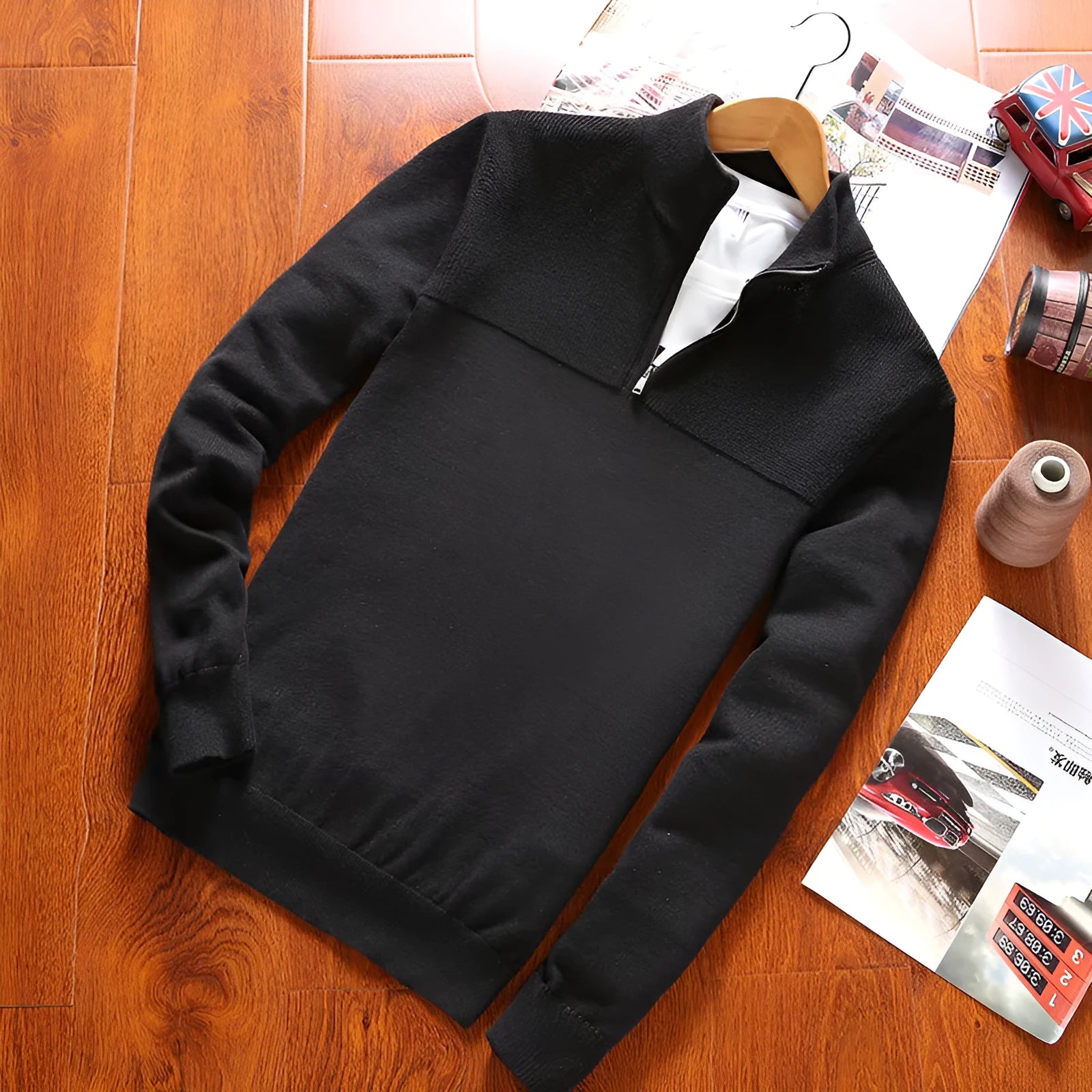 Fall sweater men long sleeve knit jumper in black, blue, and red for autumn winter casual wear