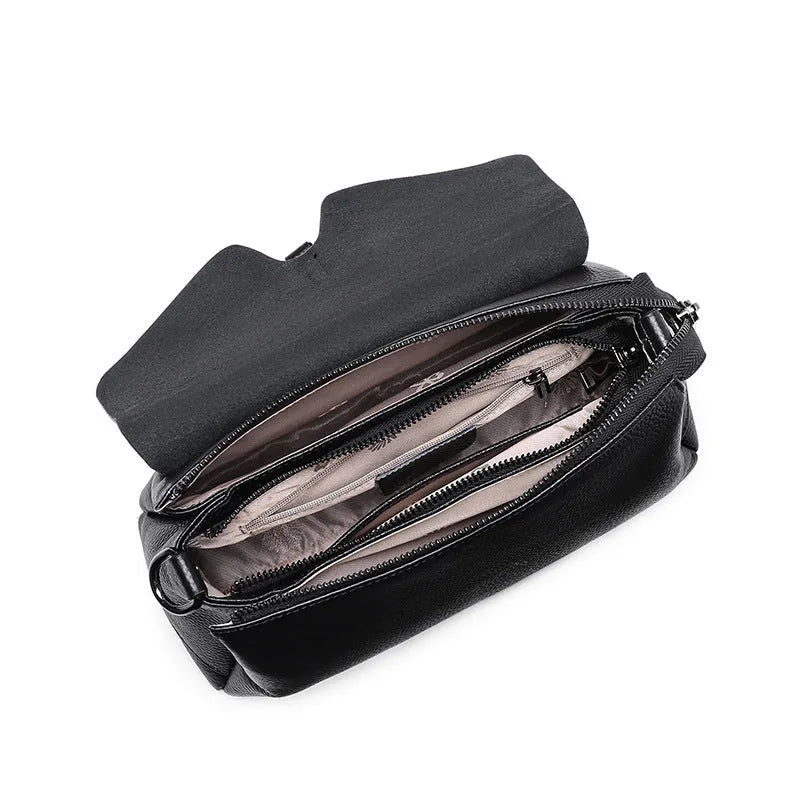 Women's soft first layer cowhide shoulder bag in black with adjustable strap and multiple pockets