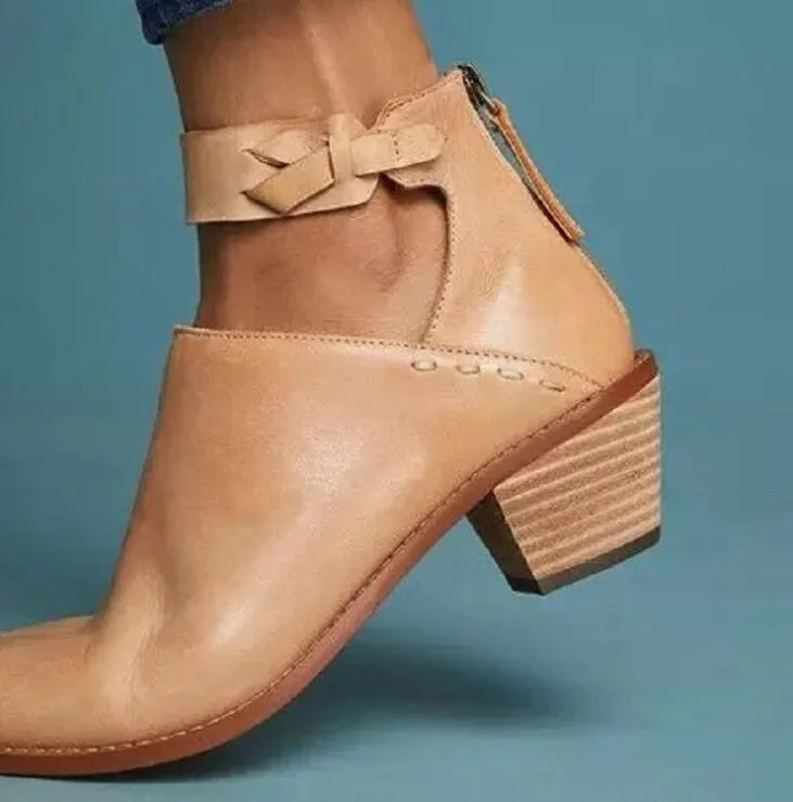 Vintage high heel ankle boots for women in black round toe PU leather mid heel 3-5 cm