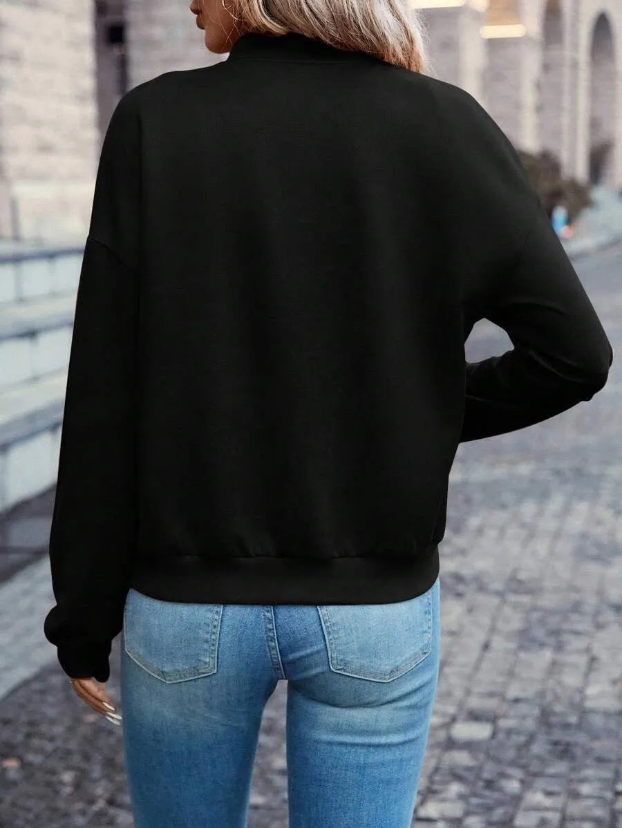 Black women's faux pocket zip jacket with long sleeves for autumn winter casual wear