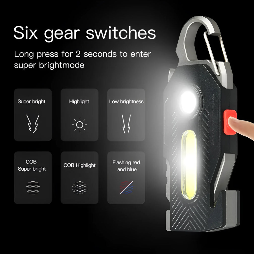 Multifunctional charging emergency light with COB high brightness, mountaineering buckle, and bottle opener on a keychain