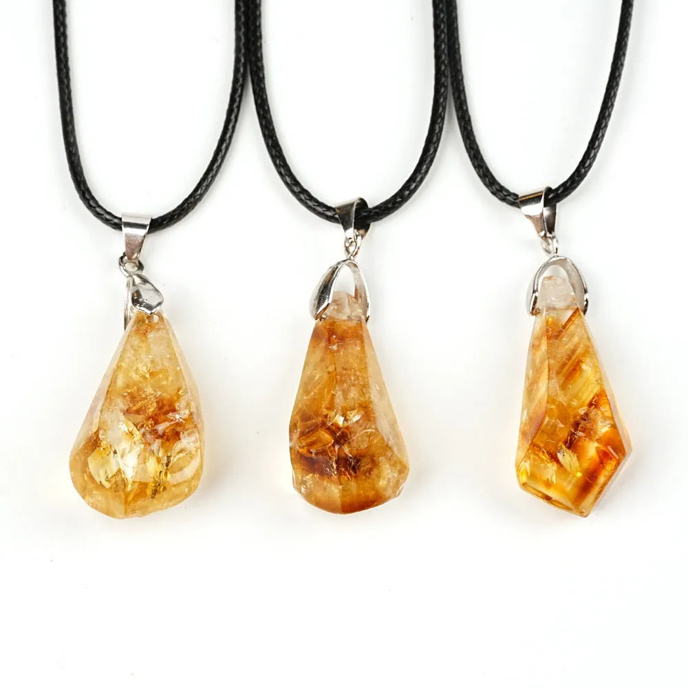 Natural citrine cluster pendant necklace with polished yellow tower crystal geometric drop on leather rope