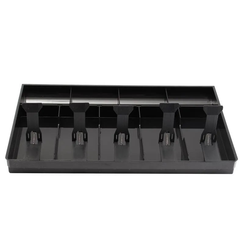 Five-drawer ABS plastic cash register box in black showing banknote and coin compartments