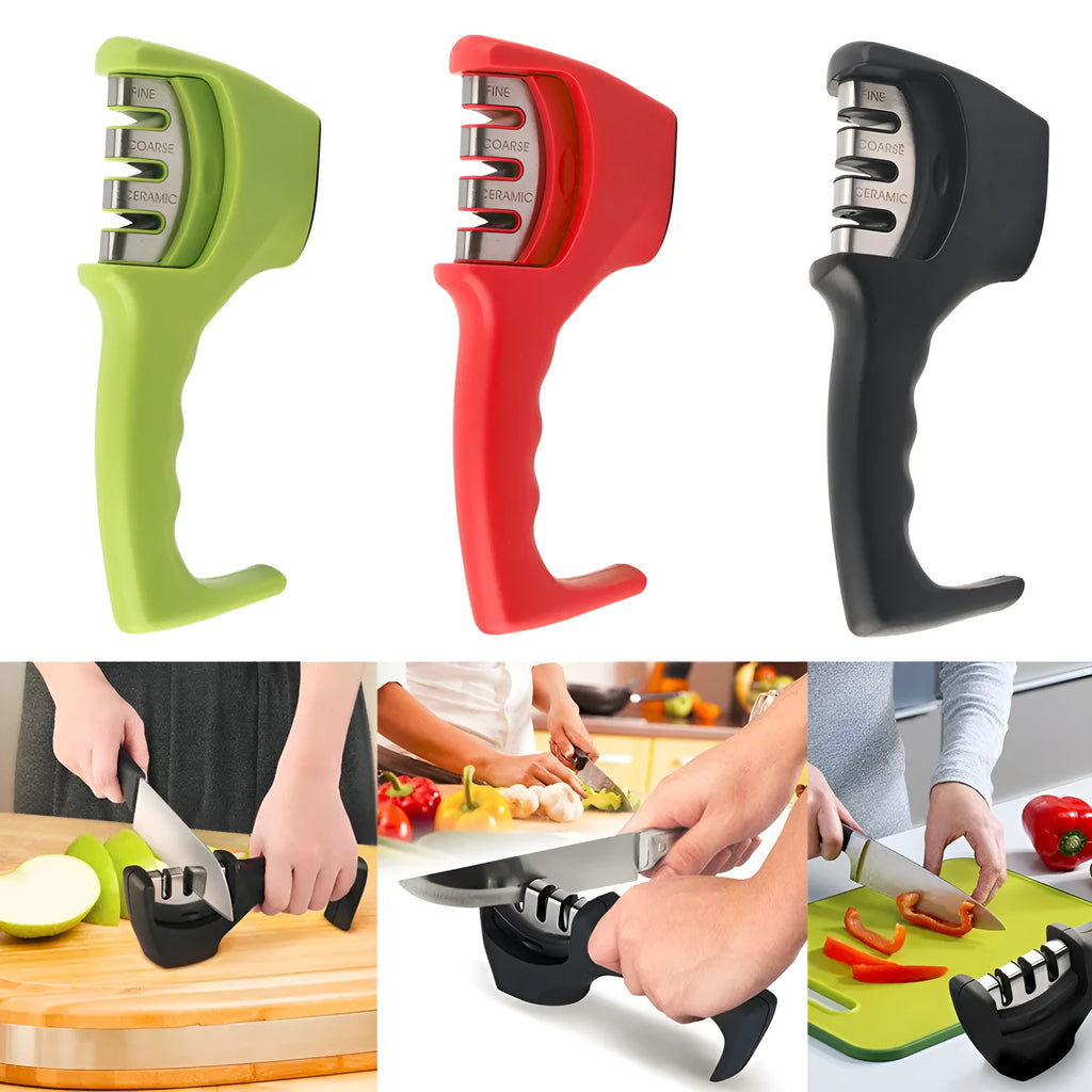 Professional three-stage manual knife sharpener in black with anti-slip rubber feet