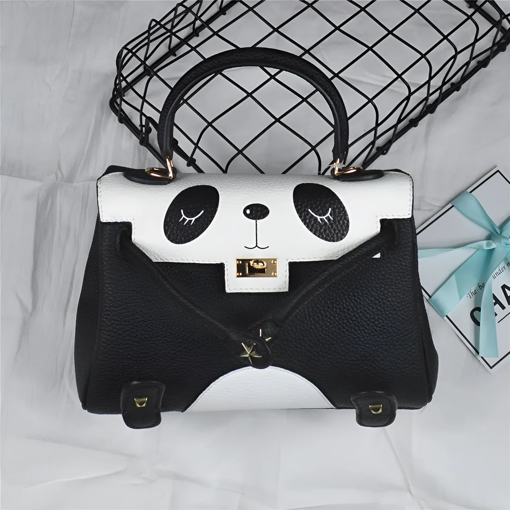 Cow leather panda print handbag in horizontal square shape, shown in two size options.