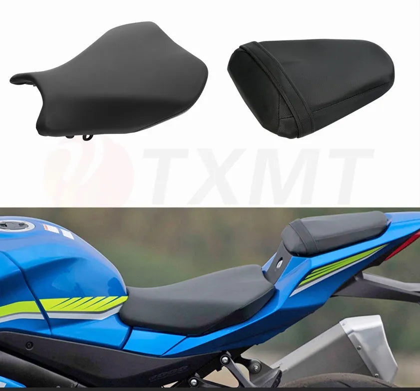 Suzuki GSXR1000 motorcycle with black PU leather seat covers fitted on the front and rear seats.