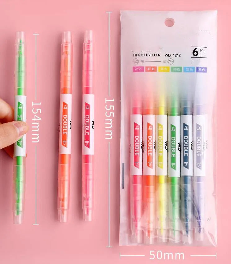 Set of six double-headed highlighter pens showing round and oblique nibs in orange, yellow, green, red, purple, and blue.