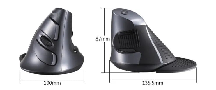 Black and white M618 wireless vertical ergonomic computer mouse on a desk.