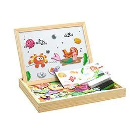 Wooden magnetic puzzle board with animal figures and drawing surface for children