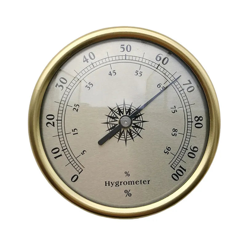 Circular aluminium analogue thermometer and hygrometer with temperature and humidity dials.