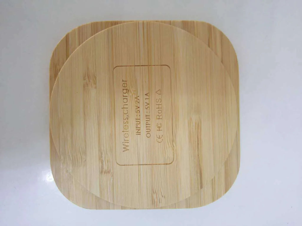 Square bamboo wood 5W wireless charging pad with brown finish and Qi certification