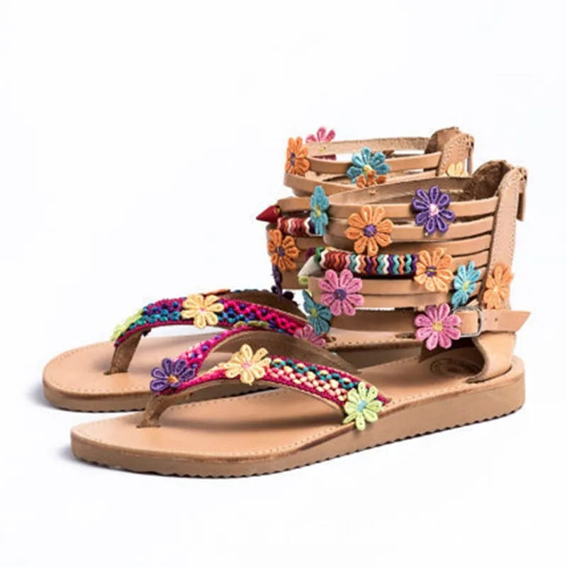 Ethnic beaded petal sandals with artificial PU upper and floral decoration in suit colour