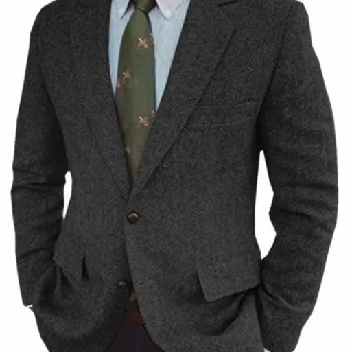 Men's brown herringbone suit jacket with long sleeves and a notch lapel