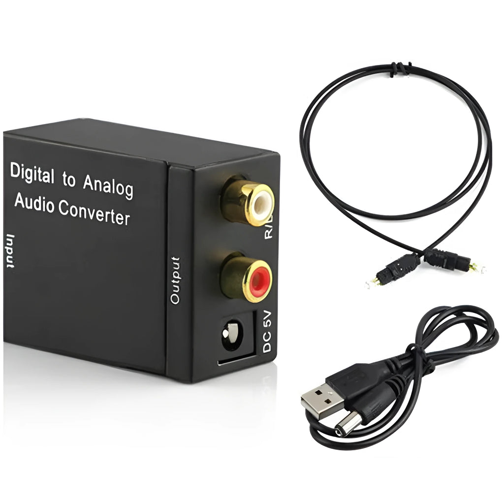 Black digital to analogue audio converter with Toslink and RCA inputs for DVD and AV systems.