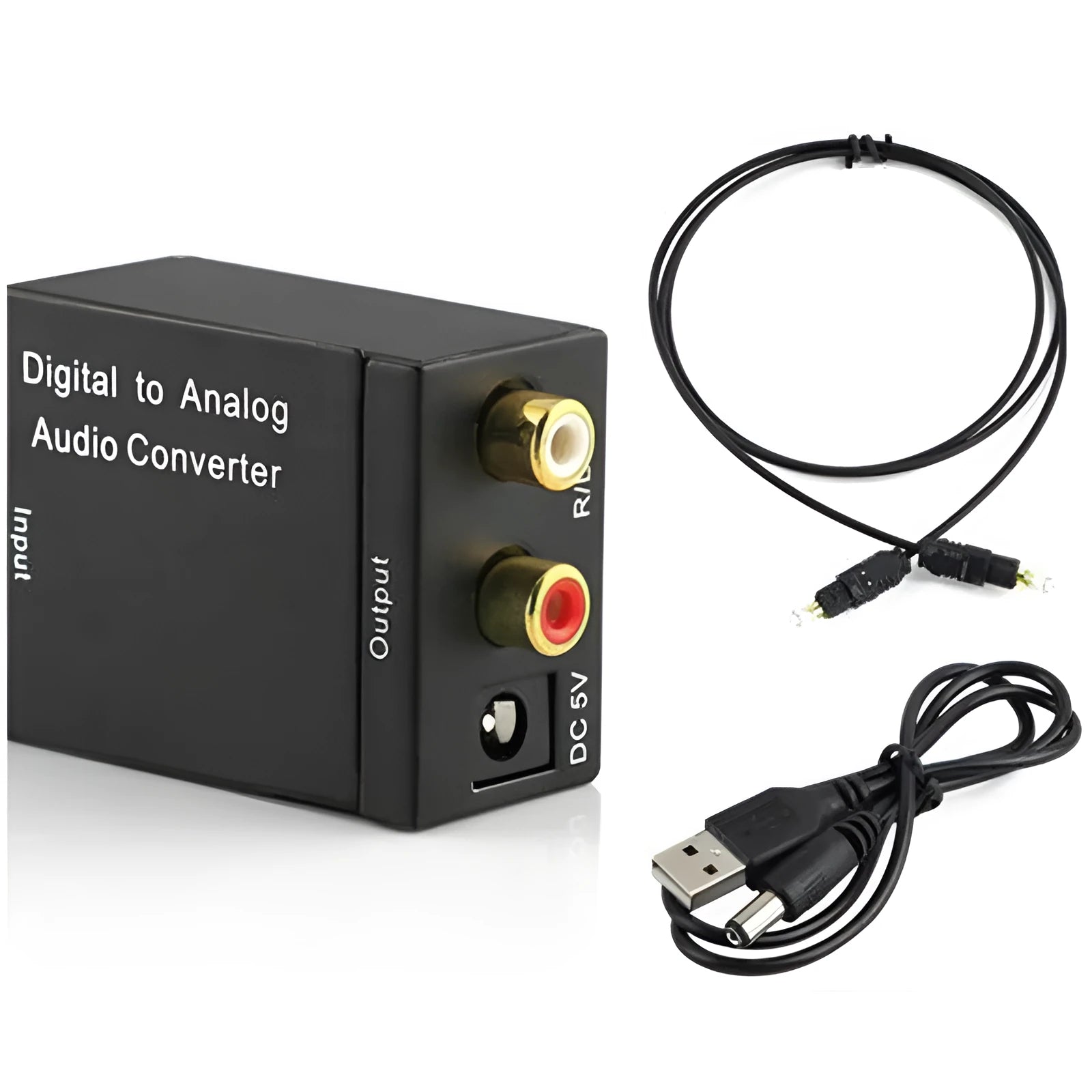 Black digital to analogue audio converter with Toslink and RCA inputs for DVD and AV systems.