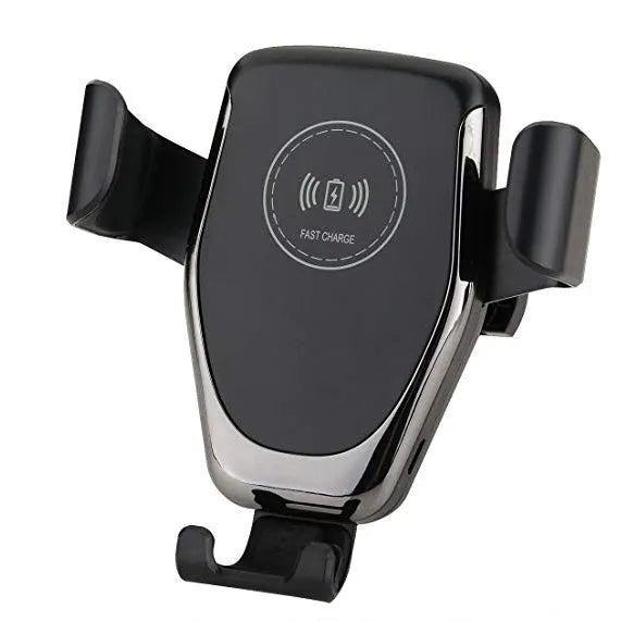 Black car wireless phone charger mounted on air vent, holding an iPhone with automatic clamping arms.